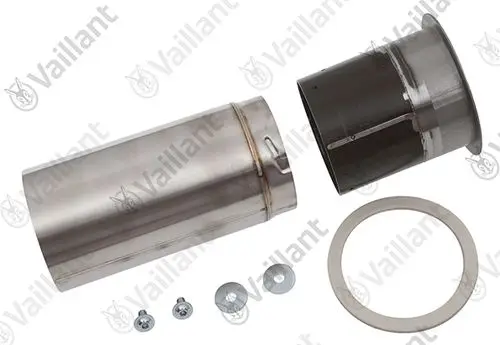 Vaillant Flammrohr aus Metall, bestehend aus zwei Teilen mit Dichtungsring und Schrauben, zur Verwendung in Heizungsanlagen.